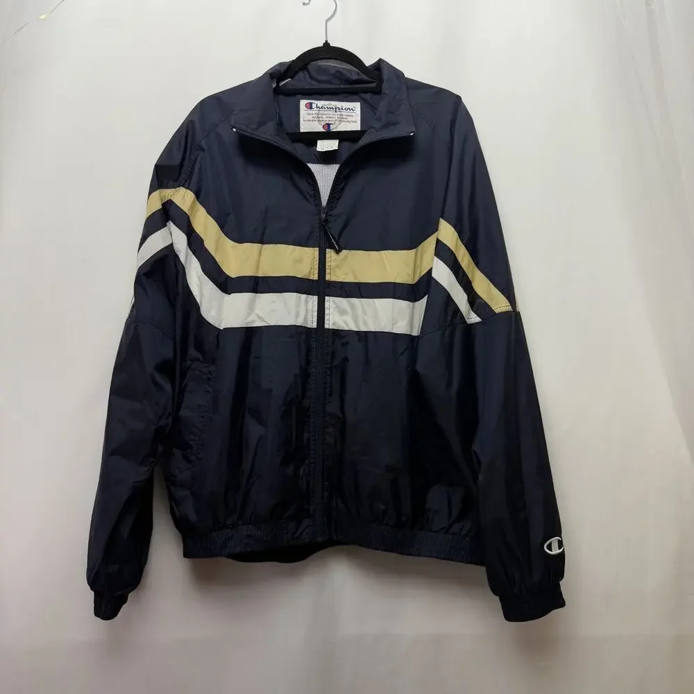 VTG 90s Champion Navy‎ and Stripe Mesh Lined Windbreaker Rain Jacket Mens XL